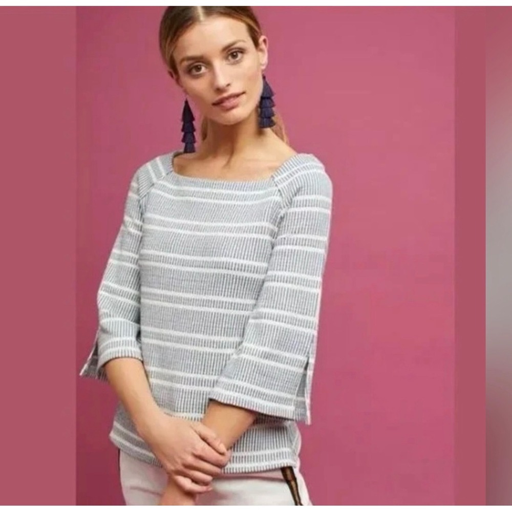 Anthropologie Postmark Blue Ivory Striped Boat Neck 3/4 Sleeve Knit Top